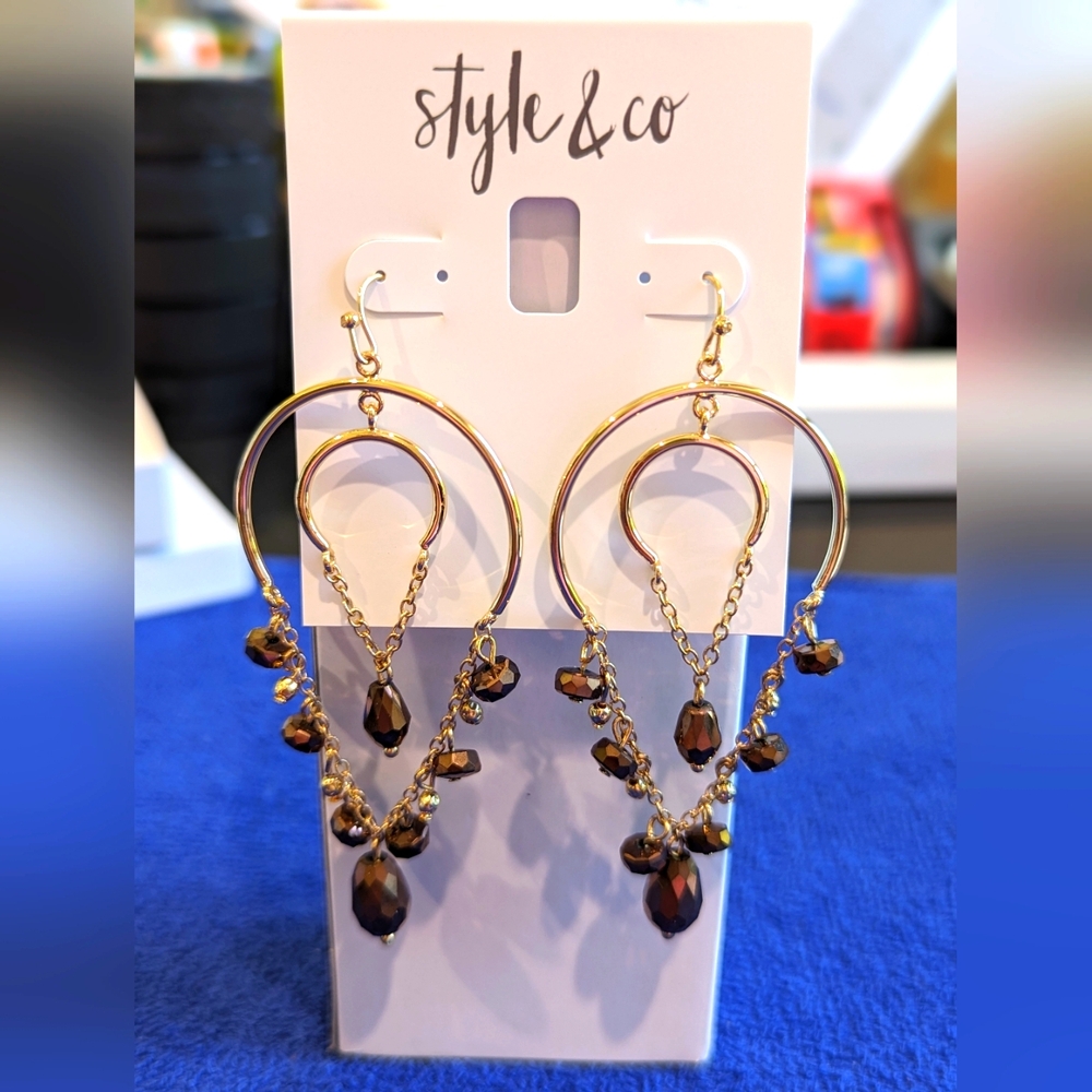 🆕STYLE & CO. Beaded Chandelier Earrings Brown/Silver Tone